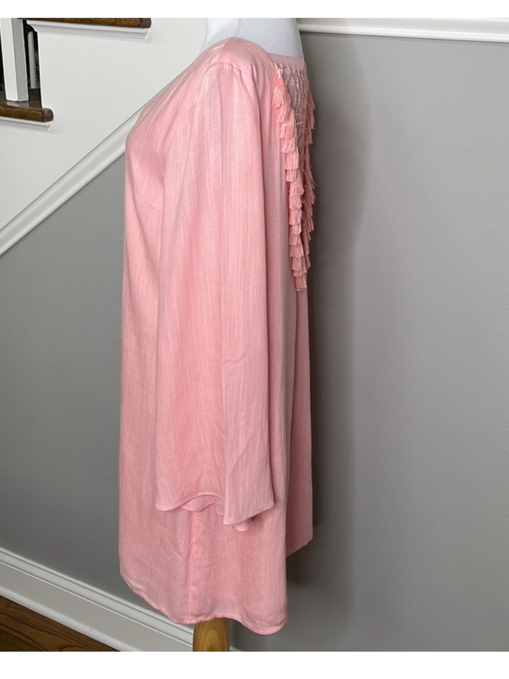 Traffic People Light Pink Bell Sleeve V-Neck Dress with Open Weave Tassels - Picture 3 of 5